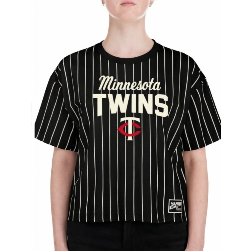 New Era Black Minnesota Twins Cooperstown Pinstripe Cropped‎ T-Shirt Size L NWT